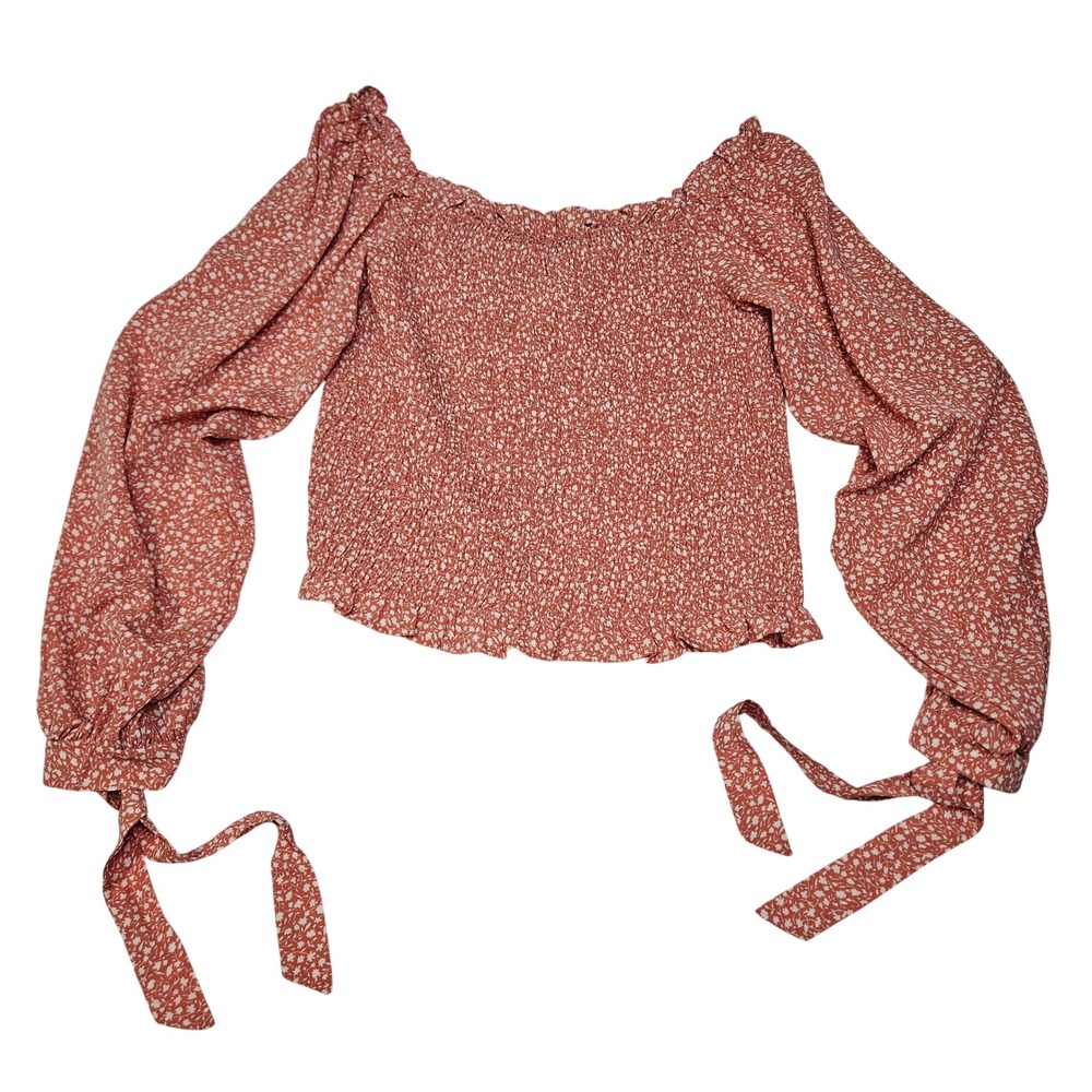 She + Sky Terracotta Floral Smocked Balloon Sleeve Top Large Cottagecore Peasant